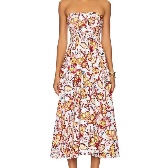 cream geometric print ruffle midi dress Astr the Label Women's Fen Ruffled Scoop Neck Dress - White